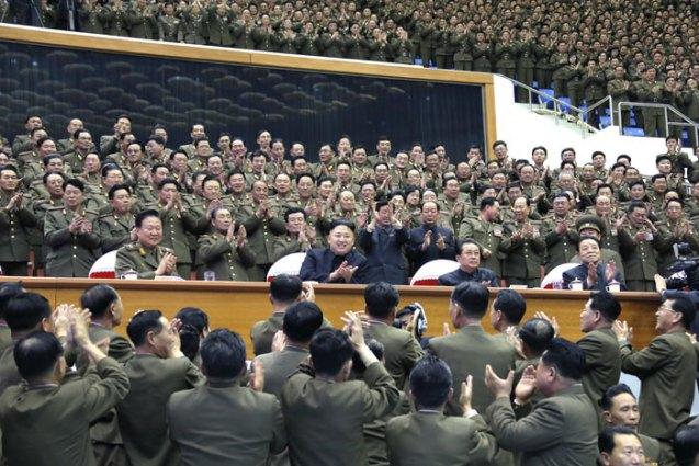 Kim Jong Un (seated 2nd L) watches a sports contest between the Kim Il Sung Military University and and Kim Il SungUniversity of Politics in Pyongyang on 15 April 2013.  Seated next to him are: VMar Choe Ryong Hae (L), Jang Song Taek (3rd L) and Kim Kyong Ok (4th L) (Photo: Rodong Sinmun)