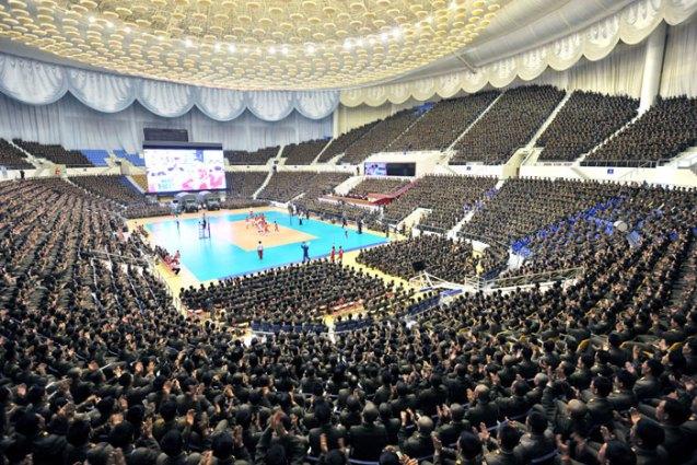 Overview of spectators at a 15 April 2013 volleyball game between KIS Military University and KIS University of Politics, attended by Kim Jong Un, on the 101st anniversary of the birth of DPRK President and founder Kim Il Sung (Photo: Rodong Sinmun)