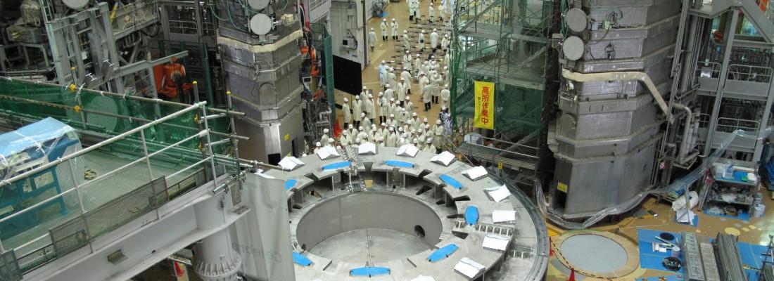 Guests at JT60-SA’s first component ceremony are dwarfed by the huge circular cryostat base. (Credit: EFDA)
