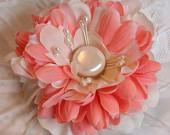 Handmade Silk Flower n Feather Bridal Hair Flower Hair Clip-Coral and White-FREE Shipping