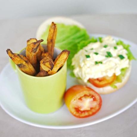 Egg Sandwich and Baked Sweet Potato Fries