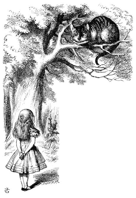 Sketch of Alice in Wonderland with Cheshire Cat in Tree