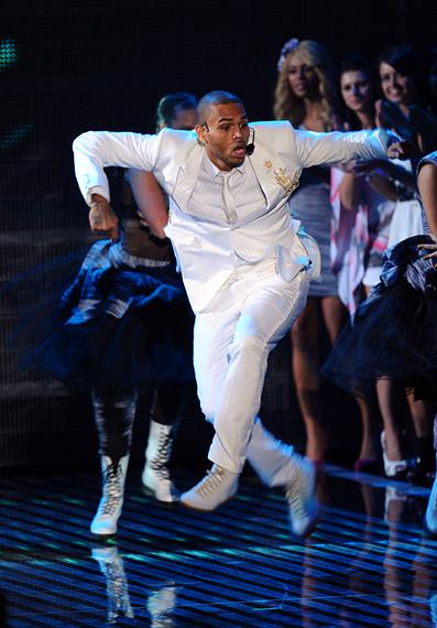 Chris Brown gets high during a performance of 'Yeah 3X' and 'Beautiful People' at the 2011 MTV Video Music Awards in Los Angeles.