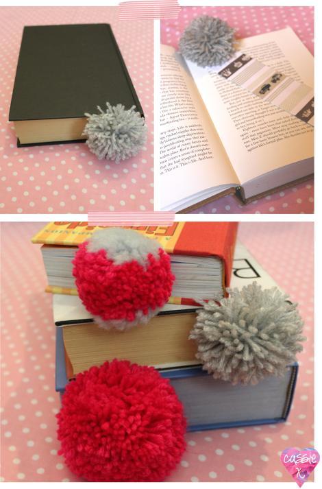 DIY thrifty craft tutorial using knitting wool and card to make pom-pom bookmarks by Cassiefairy