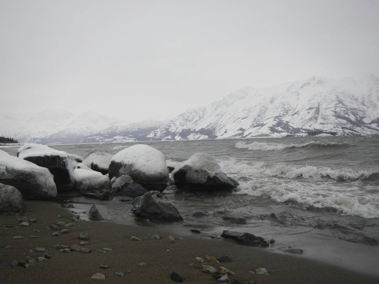 Ice on the lakeside rocks