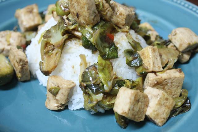 on jasmine rice topped with tofu & chopped brussels sprouts...