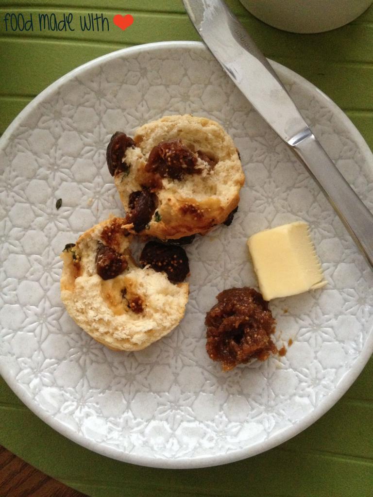 scones with butter and homemade fig jam