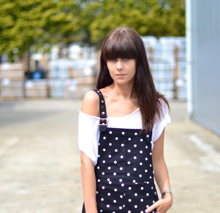 black and white spot polkadot dungarees