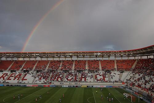 Over the rainbow...3000 Villarreal fans almost double the crowd at Murcia on Sunday. Courtesy of locoflickr