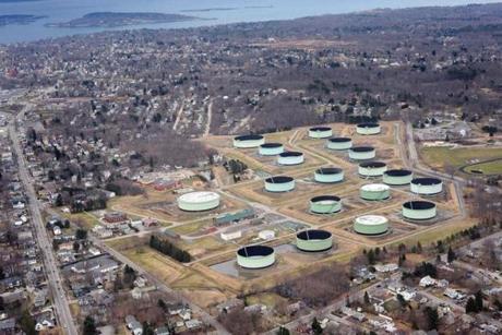 Portland Pipe Line Corp. has a tank farm (right) in South Portland. Its pipeline disappears underground here and stretches to Montreal.