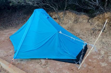 lightheart solong 6 tent with rope repair at one end 