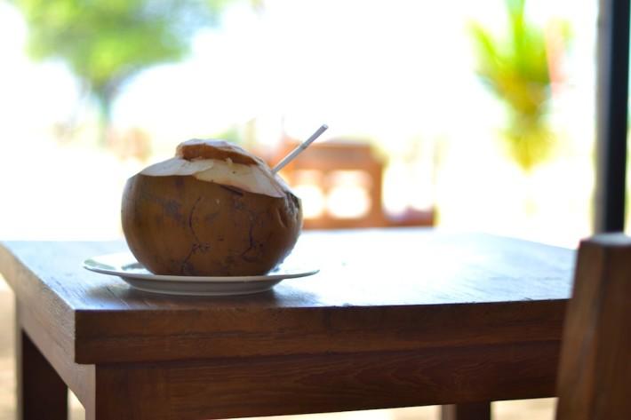 drinking from a coconut