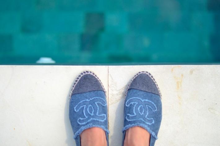 blue chanel espadrilles at the pool