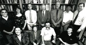 LPI Staff and faculty affiliate investigators, ca. 1996. Left to right: (back row) Waheed Roomi, Barbara McVicar, Stephen Lawson, Donald Reed, George Bailey, Vadim Ivanov, Ober Tyus; (front row) Svetlana Ivanova, Rosemary Wander, Peter Cheeke, Conor MacEvilly; (not pictured) David Williams, Philip Whanger.