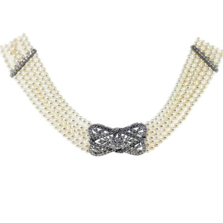 Vintage Style Cultured Pearl and Diamond Choker 18K White Gold