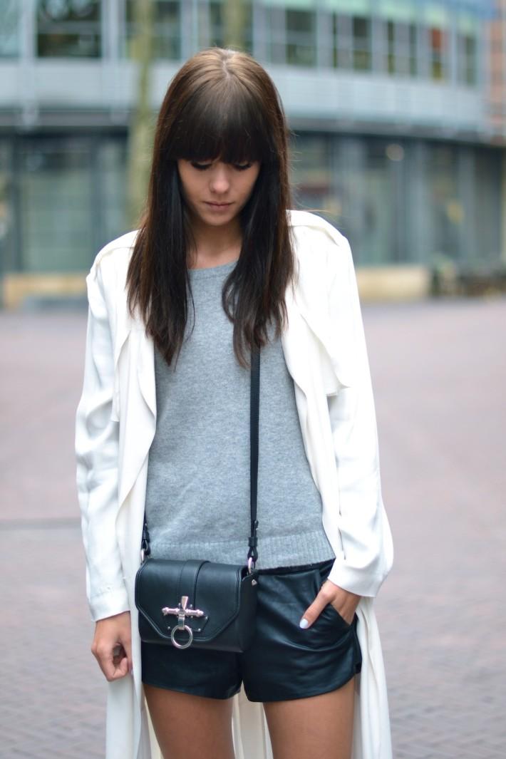 leather shorts white coat black givenchy obsedia bag