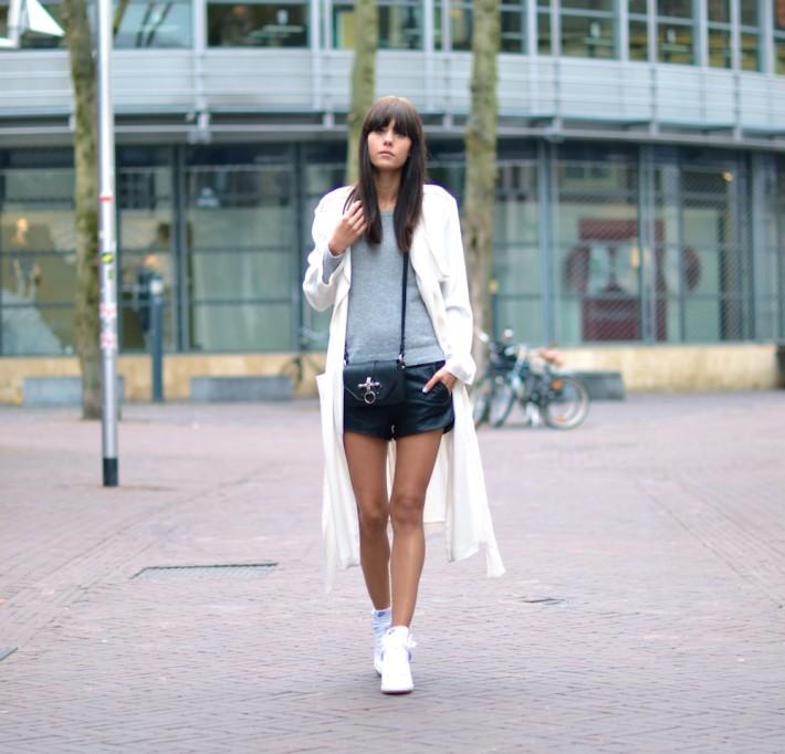 outfit leather shorts long white coat nike sky high