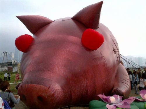 Pumped up inflatable pig in Kowloon Park, Hong Kong