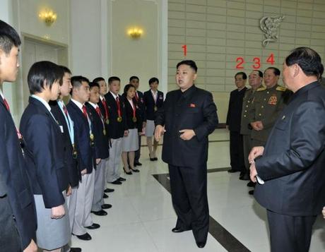 Kim Jong Un (1) greets DPRK athletes who received gold medals or placed in the top of their categories at international competitions held between February and April 2013.  Also in attendance at the event held at Kim Il Sung Stadium in Pyongyang on 29 April 2013 are DPRK Premier Pak Pong Ju (2), Minister of the People's Armed Forces Gen. Kim Kyok Sik (3), and Minister of People's Security Col. Gen. Choe Pu Il (4) (Photo: Rodong Sinmun)
