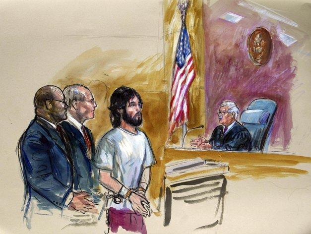 FILE - This Nov. 21, 2011 file artist rendering shows accused White House shooter Oscar Ramiro Ortega-Hernandez, center, before Magistrate Judge Alan Kay, left, in Washington. From left are, U.S. Assistant Attorney George P. Varghese, a public defender David Bos, Ortega-Hernandez, and Judge Kay. A new court document says that an Idaho man charged with attempting to assassinate President Barack Obama by shooting at the White House practiced with his weapon for six months and may have been upset about the country's marijuana policy. Oscar Ramiro Ortega-Hernandez is currently awaiting trial for the 2011 shooting, which didn't injure anyone but left more than five bullet marks on the executive mansion. A court document prosecutors filed Tuesday adds additional detail about the shooting, which took place while the president and first lady were away from home. (AP Photo/Dana Verkouteren, File)