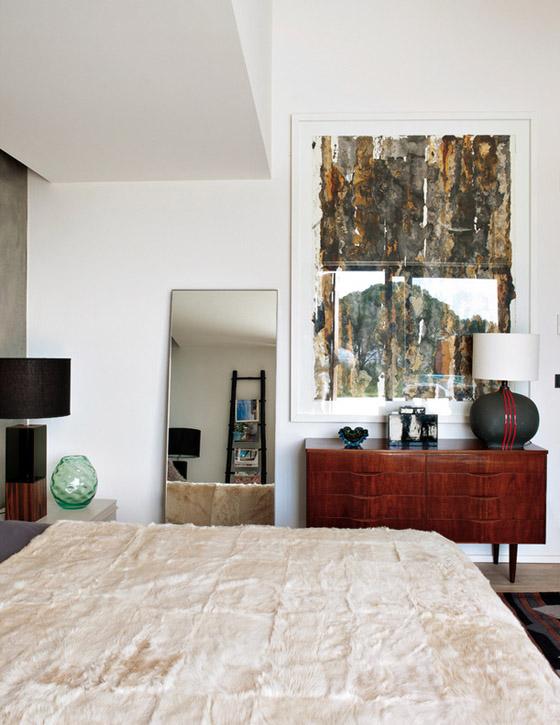 Portugal mod summer home, Nuno Benito, bedroom, cowhide bedspread, waxed Venetian plaster wall, mid century modern