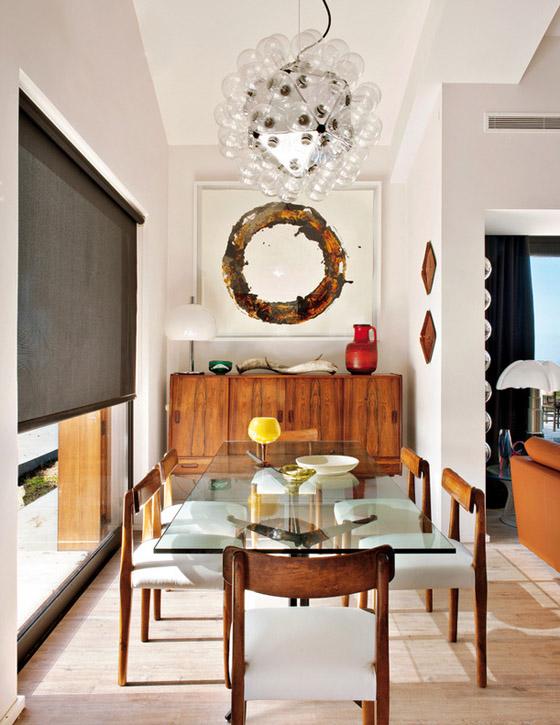 Portugal mod summer home, Nuno Benito, dining room, mid century modern, teak console, bubble chandelier