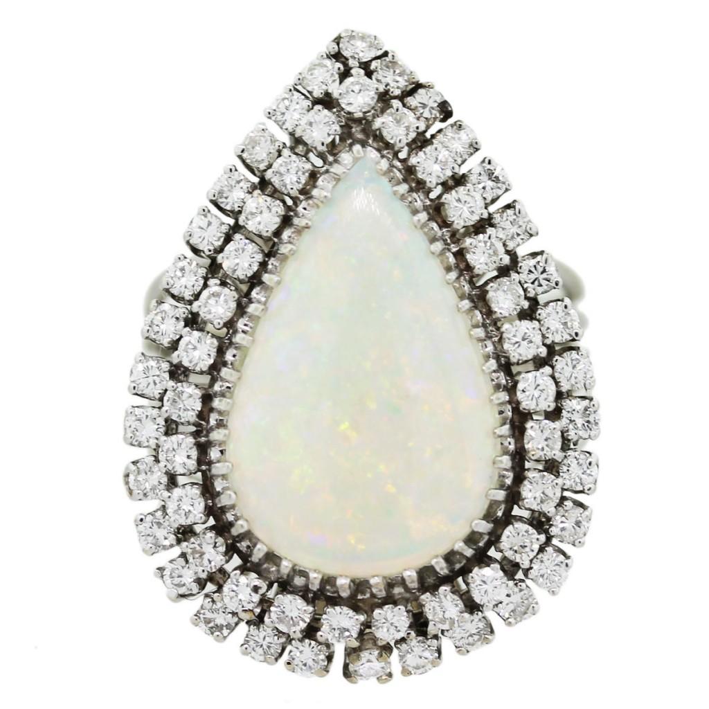 opal cocktail ring, white opal, white diamonds, pear shaped cocktail ring