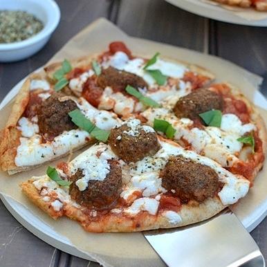 Vegetarian Pita Pizza with Meatless Meatballs