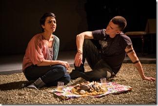 Fawzia Mirza (Shar) and Armando Riesco (Elliot) in Quiara Alegría Hudes’ The Happiest Song Plays Last, directed by Edward Torres at Goodman Theatre. 
