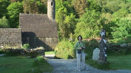 Jean in front of St Kevins Church at Glendalough - Ireland