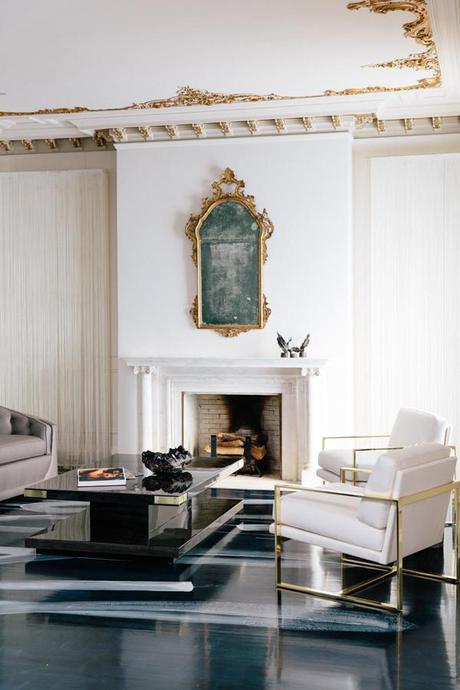 Catherine Kwong SF Showcase 2013, 1970s euro glam, living room, fireplace, Milo Baughman-like chairs, brass, Cy Twombly-inspired floor