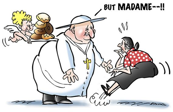 Cartoon about Catholic Pope John XXIII who was fat showing him speaking to woman and telling her papal election is not a beauty contest with angel cherub hovering nearby with tray of donuts