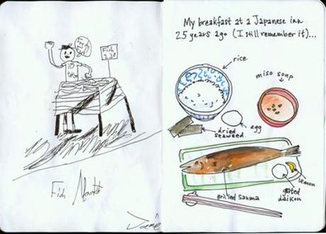 The Sketchbook Project and Cinco de Mayo Whole Fruit Margaritas Fish for sale and Japanese Breakfast at Inn