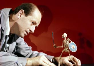 Ray Harryhausen with model skeleton