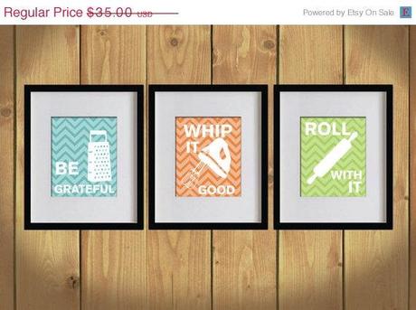 ON SALE Kitchen Art Print - Chevron, Baking Utensils, Zigzag Stripes - Set of 3 - 8X10 - White, Bondi Blue, Orange, Apple Green - No. KB008