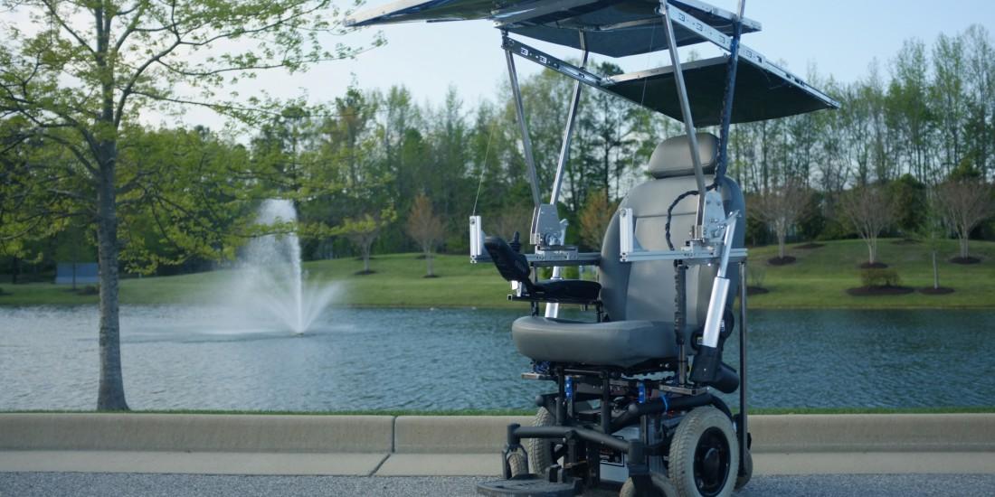 The team's solar-powered wheelchair includes solar panels that are easily deployed and stored, providing nearly unlimited range at low speeds. (Credit: University of Virginia)