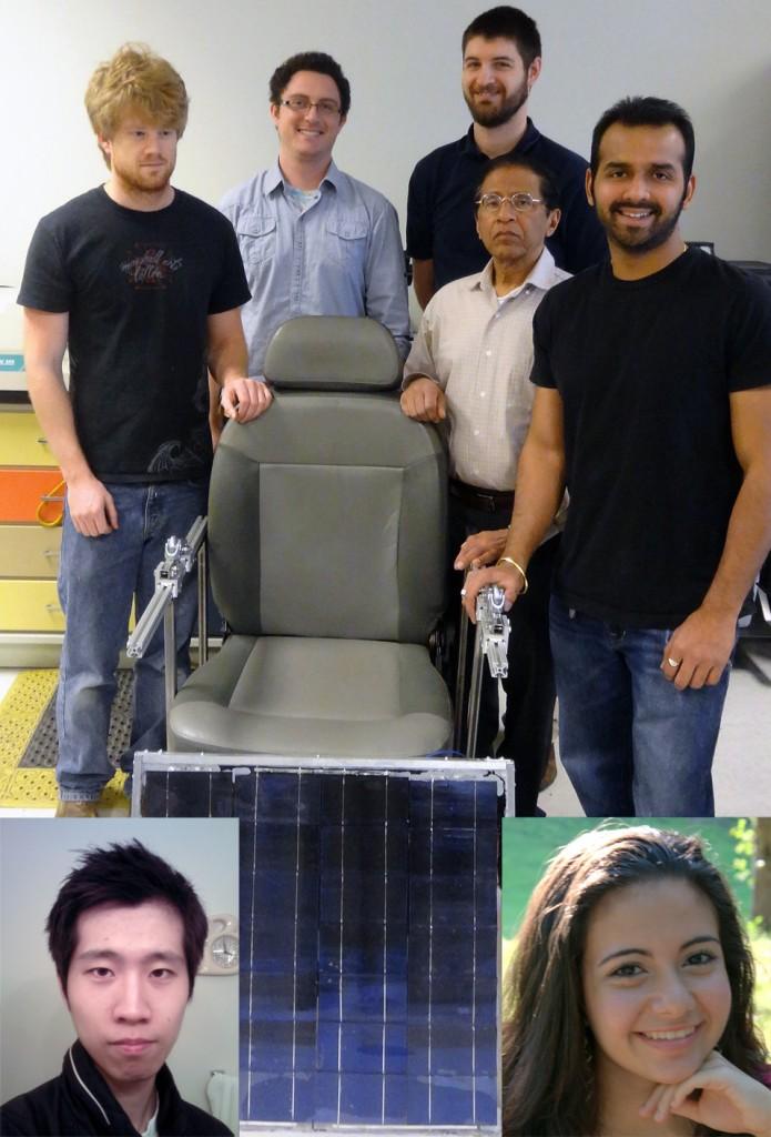 The team from U.Va.'s School of Engineering and Applied Science that designed and built the chair: From top left, Craig Ungaro, Duncan McGillivray, Dennis Waldron, Mool Gupta and Ankit Shah; inset left, Kyung Kim; inset right, Maria Michael. (Credit: University of Virginia)