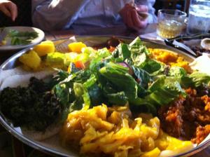 Our big platter of Ethiopian food