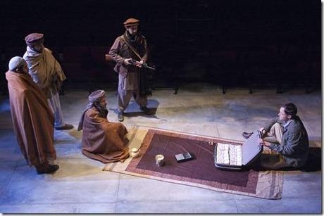 Kareem Bandealy, Owais Ahmed, Andrew L. Saenz, Behzad Dabu and Timothy Edward Kane in Blood and Gifts at TimeLine Theatre Chicago.