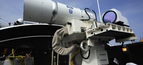 The Laser Weapon System (LaWS) temporarily installed aboard the guided-missile destroyer USS Dewey (DDG 105) in San Diego, Calif., is a technology demonstrator built by the Naval Sea Systems Command from commercial fiber solid state lasers, utilizing combination methods developed at the Naval Research Laboratory. LaWS can be directed onto targets from the radar track obtained from a MK 15 Phalanx Close-In Weapon system or other targeting source. The Office of Naval Research's Solid State Laser (SSL) portfolio includes LaWS development and upgrades providing a quick reaction capability for the fleet with an affordable SSL weapon prototype. This capability provides Navy ships a method for Sailors to easily defeat small boat threats and aerial targets without using bullets. (U.S. Navy photo by John F. Williams/Released)