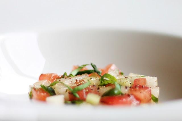 Tomato, cucumber & honeydew melon tartar with mint & black pepper #84