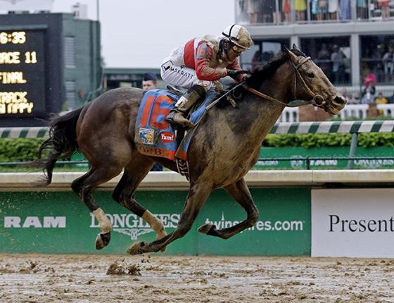 racehorse Orb and jockey galloping on muddy sloppy track splattered with mud as they win 2013 Kentucky Derby horse race
