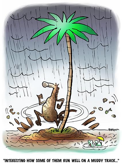 cartoon inspired by Kentucky Derby horse on desert isle running around palm tree in rain splashing mud, fish observing that some horses run well on muddy track