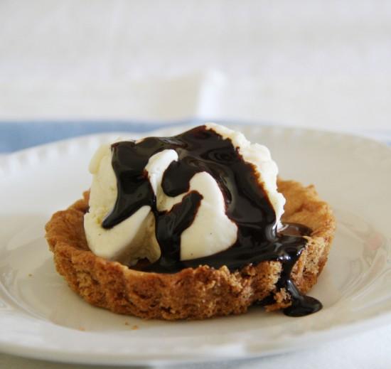 Vanilla Ice Cream Chocolate Chip Cookie Tarts with Chocolate Sauce