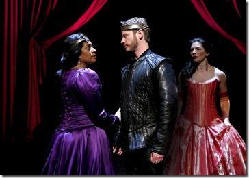 Ora Jones, Gregory Wooddell and Christina Pumariega in Henry VIII at Chicago Shakespeare Theater.