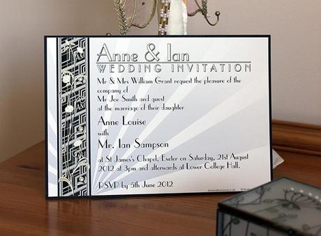 New York inspired Art Deci Bologne A5 Invitation mounted in black and Ivory