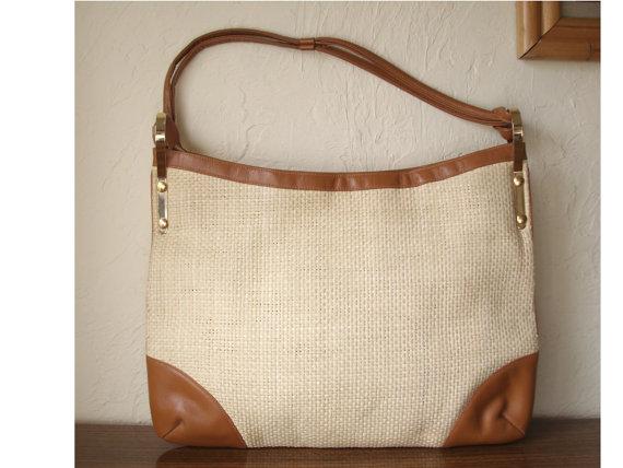 Vintage Susan Gail Large Straw Tan Leather Shopper Tote Handbag