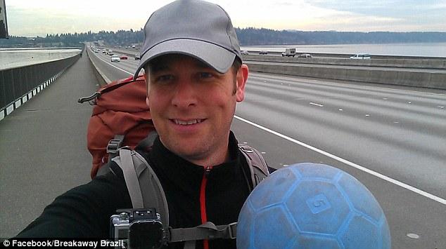 Tragic end: Richard Swanson, 42, from Seattle, was trying to dribble a soccer ball 10,000 miles to Brazil in time for the 2014 World Cup when he was struck and killed by a car in Oregon on Tuesday