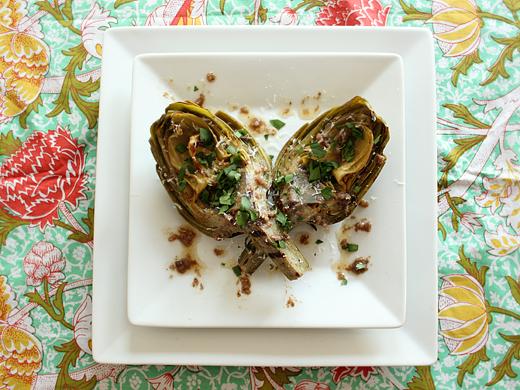 Grilled Artichoke Quarters with Anchovy Garlic Drizzle - a Picnic Potluck