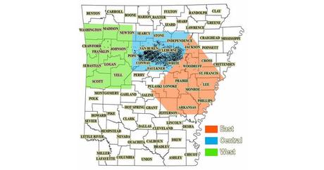 Fayetteville shale gas play. See detailed map here: http://www.geology.ar.gov/fossilfuel_maps/fayetteville_play.htm (Credit: Arkansas Geological Survey)